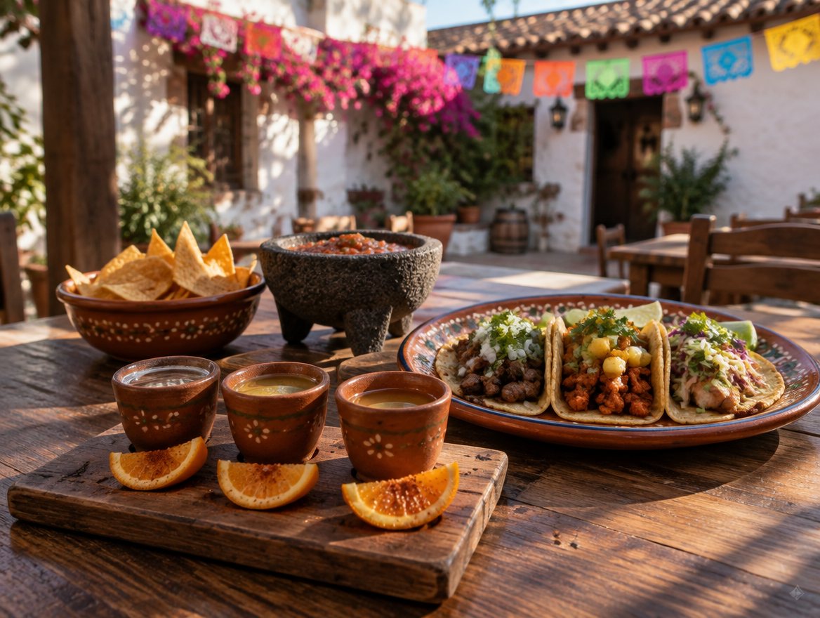 Mezcal tasting flight in clay copitas with orange slices and three street tacos on an Old Town San Diego patio
